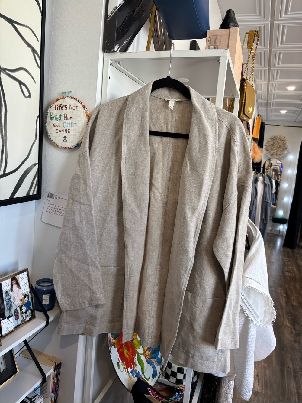 Eileen Fisher Neutral Linen-Blend Open Front blazer jacket